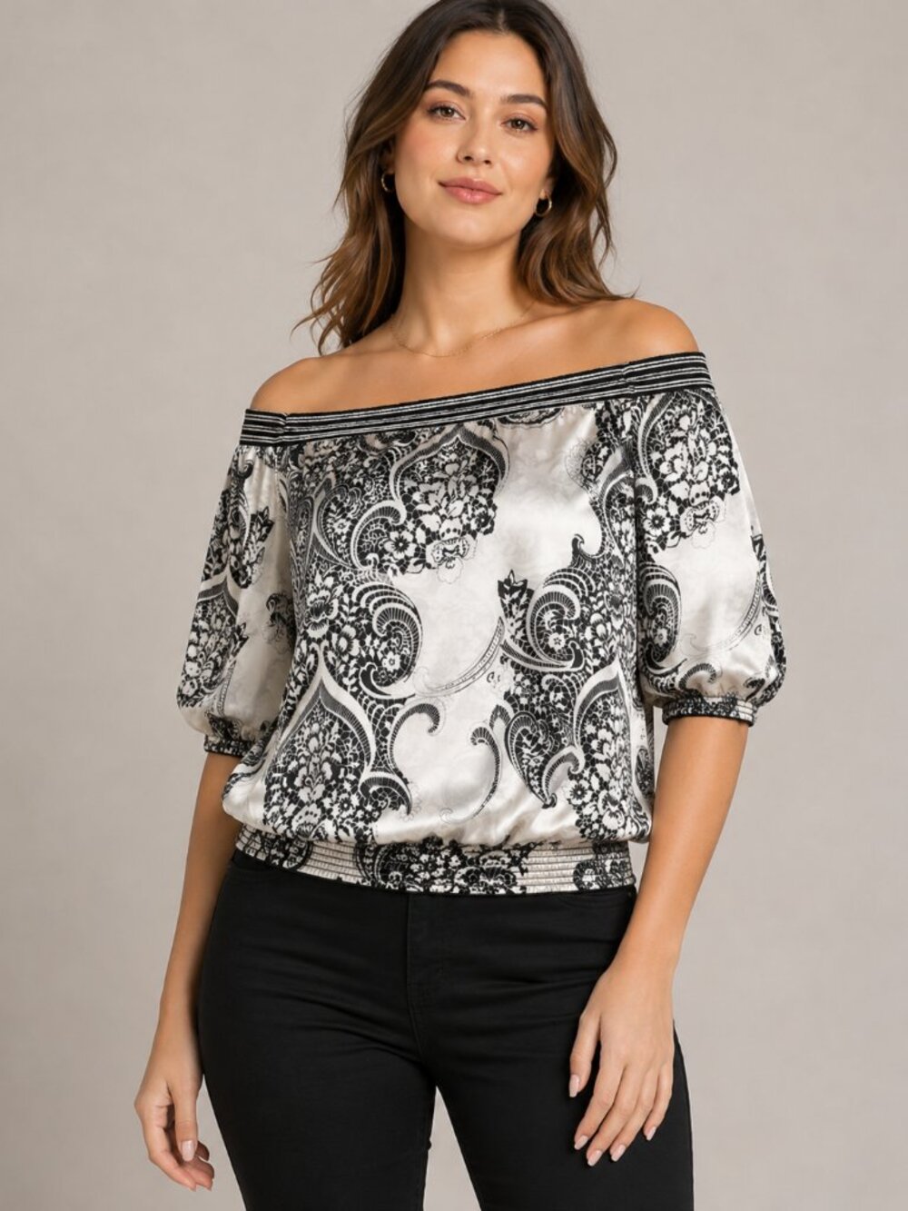 White House Black Market Women's L Black Silver Silk Off-Shoulder Blouse NWOT